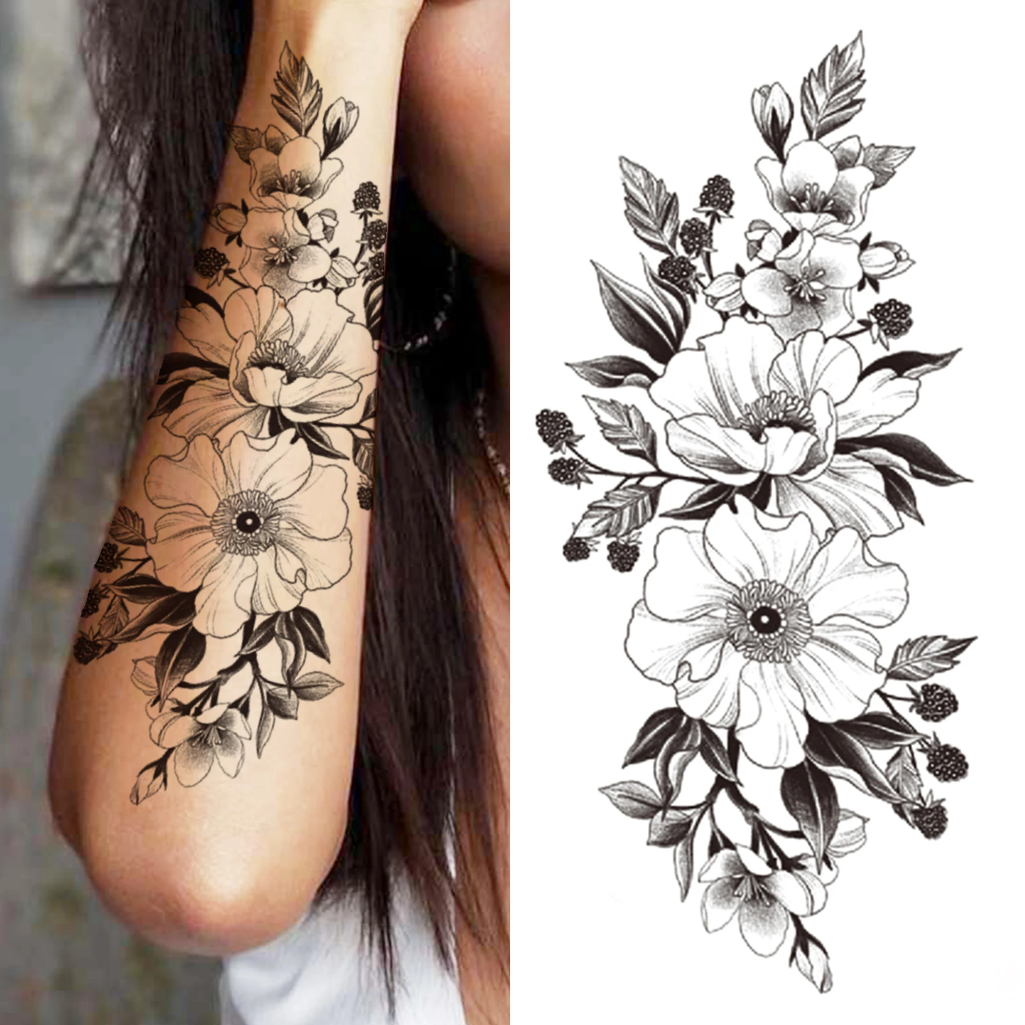 Tatouage temporaire fleur 3D pour femmes et filles, faux autocollant, fleur de tigre, fleur, orchidée, pivoine, noir, lys, rose, beauté