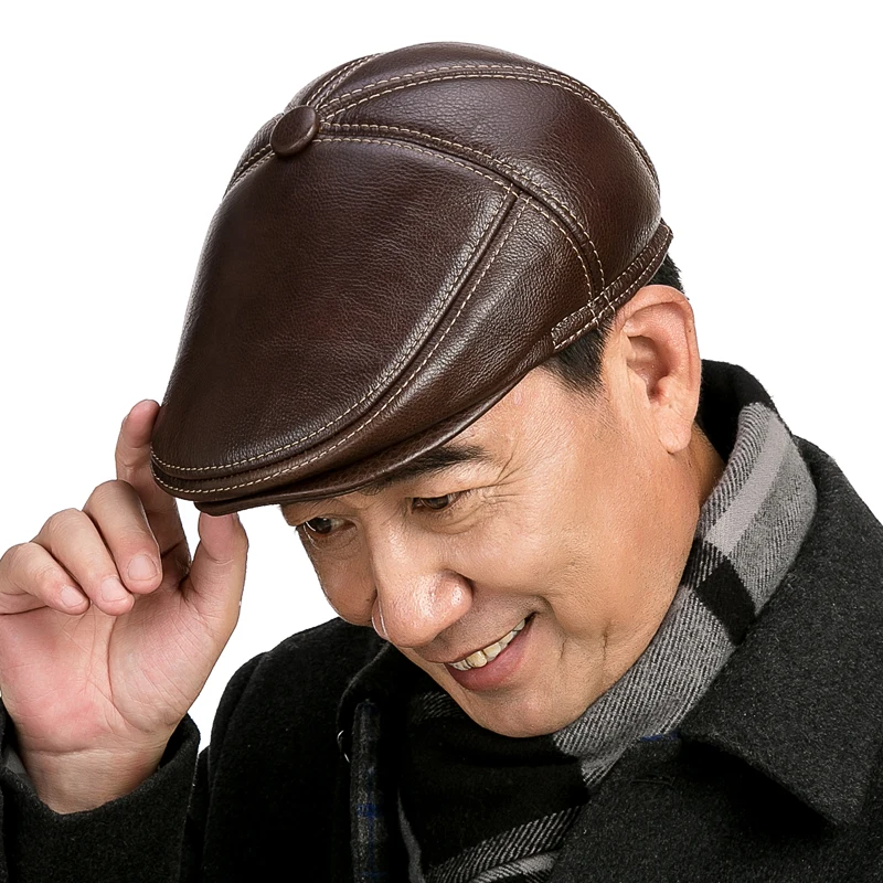 Winter Men's Real Genuine cowhide Leather baseball Cap brand Newsboy /Beret Hat winter warm caps&hats men with ears ear flap