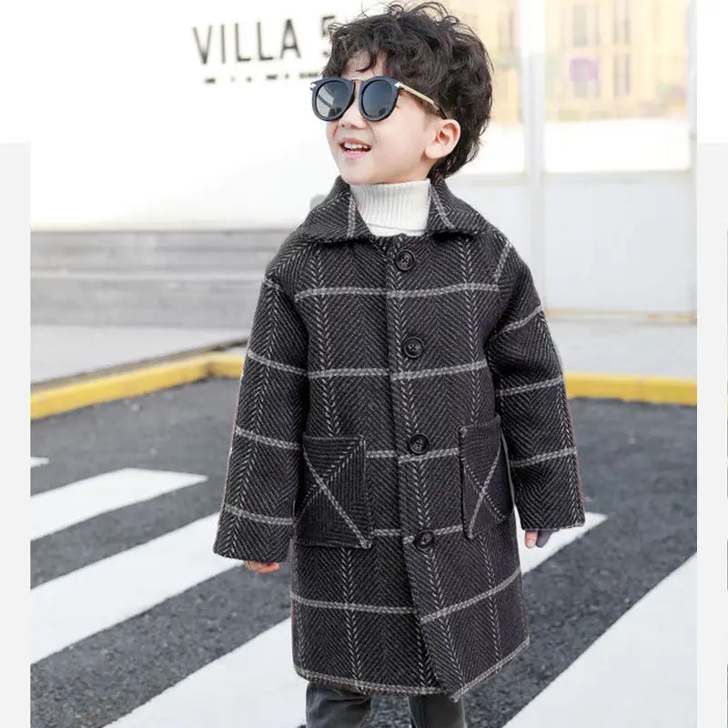 110-170 Boys Woolen Coat For Winter 2021 New Fashion Turn Collar Thick Plus Cotton Warm Overcoat Plaid Jackets High Quality