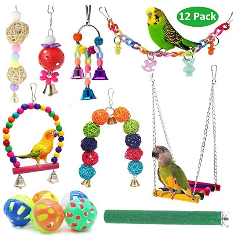 

12pcs Parrot Chewing Toy Swing Suspension Bridge Plastic Ball Bird Toy Parakeet Cage Pet Accessories Supplies Dropshipping