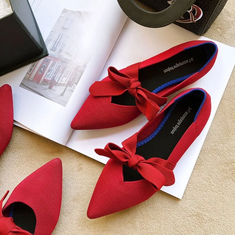 2025 Zapatos planos poco profundos para mujer, Zapatos De punto transpirables De Ballet con lazo puntiagudo, Zapatos De mujer Mary Jane, Zapatos para embarazadas, Zapatos náuticos 68