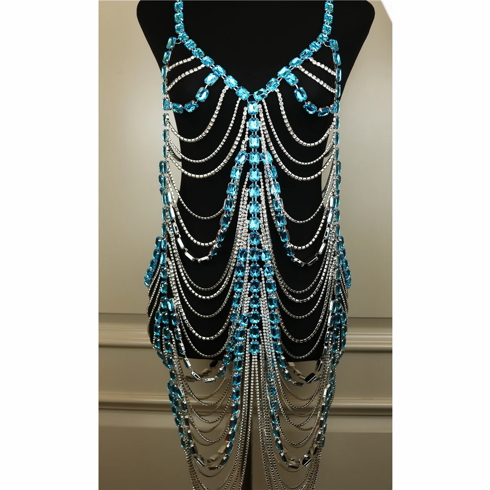 Individual Exaggerated Blue Big Crystal Long Dress Body Chain Costume Rhinestone Lingerie Chain Women Ladies Rave Outfits