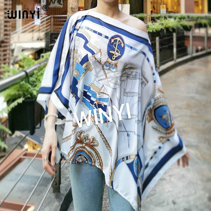 New Printed Middle East 2021 Silk Bohemian summer Beach top clothes Batwing Sleeve abaya Silk top dresses for women WINYI