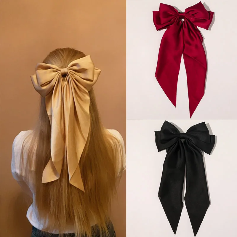 New Headwear Big Large Satin Bow Hairpins Barrettes for Women Girls Wedding Long Ribbon Hair Clip Hairgrip Bow Hair Accessories