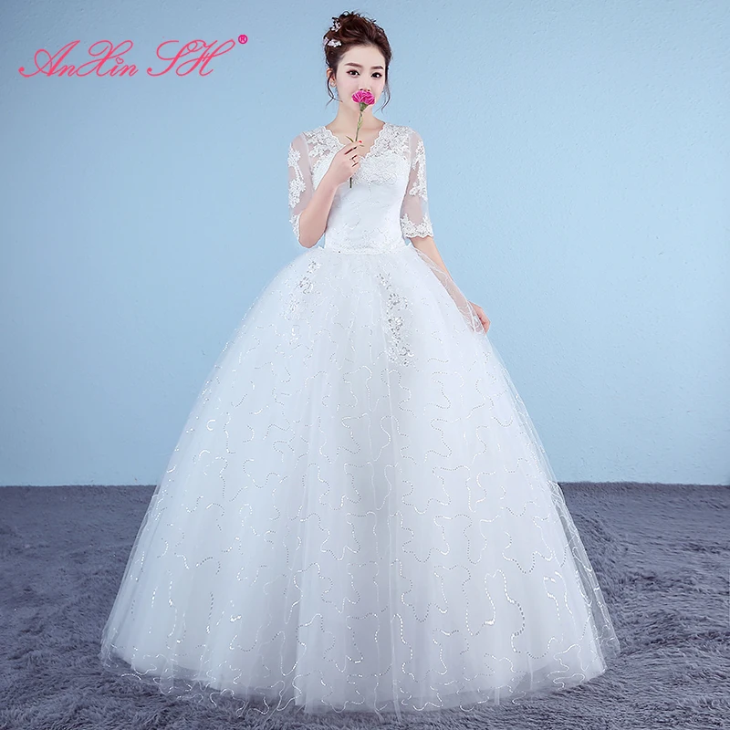 AnXin SH princess white flower lace vintage party v neck ball gown golden red lace flower lace up customized wedding dress