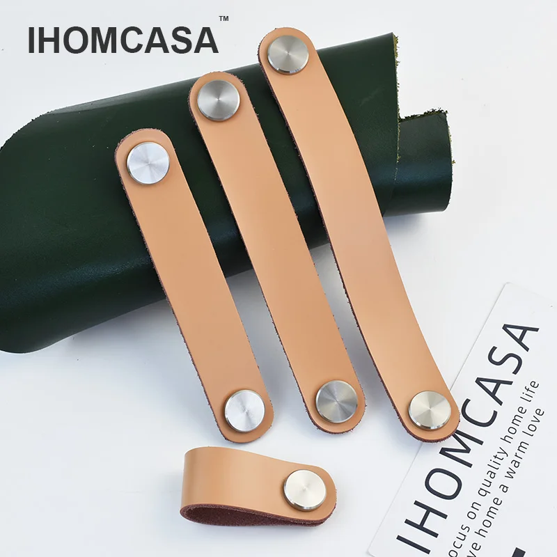 IHOMCASA-tiradores de cuero para muebles de cocina, pomo de latón para puerta de armario, armario, zapatos, acero inoxidable plateado