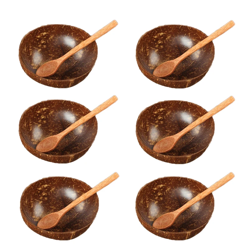 

6PCS Wood Coconut Bowls with Spoon Set Wooden Bowls for Salad Fruit Bamboo Bowls Coconut Shell Bowl Kitchen Utensil Decorations