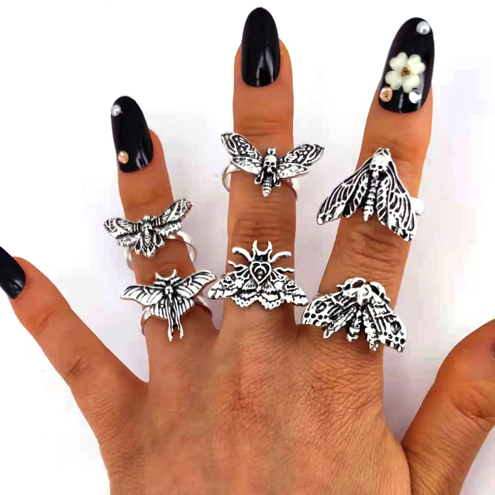 hzew 5pcs Resizable Death Head Skull Butterfly Moth Ring Creativity Gift For Women Men