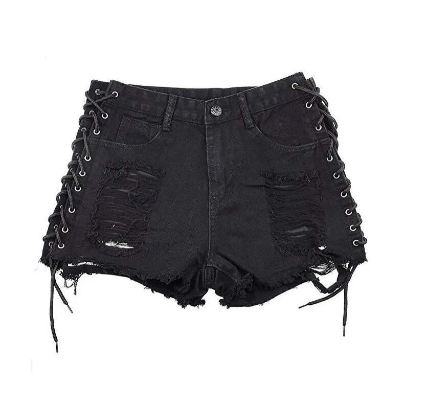 2023 New Sexy Summer Women Denim Shorts Black Blue High Waist Ripped Short Jeans Femme Tassel Lace Up Bandage Hotpants