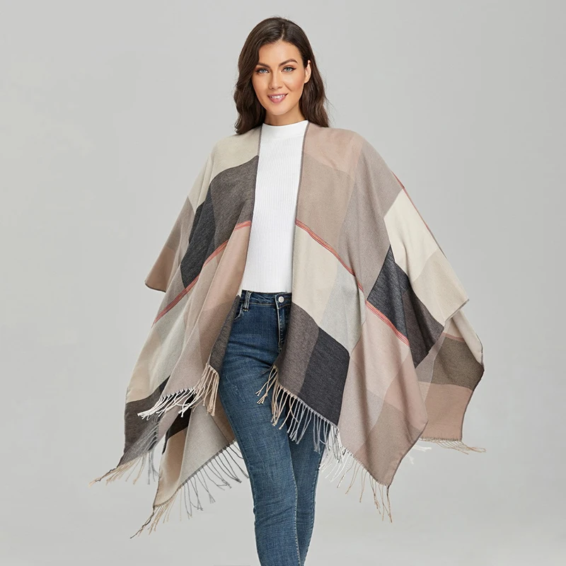 New Imitation Cashmere Women Plaid Tassel Vintage Poncho Split Scarf Winter Warm Shawl Wrap Female knitted Cloak Thick Blanket