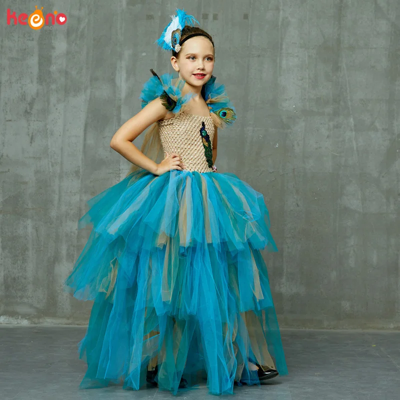 Vintage Couture Peacock Ball Gown Girls Pageant Tutu Dress with Feather Headband Kids Princess Evening Prom Party Dress Costume