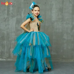 Vintage Couture Peacock Ball Gown Girls Pageant Tutu Dress with Feather Headband Kids Princess Evening Prom Party Dress Costume