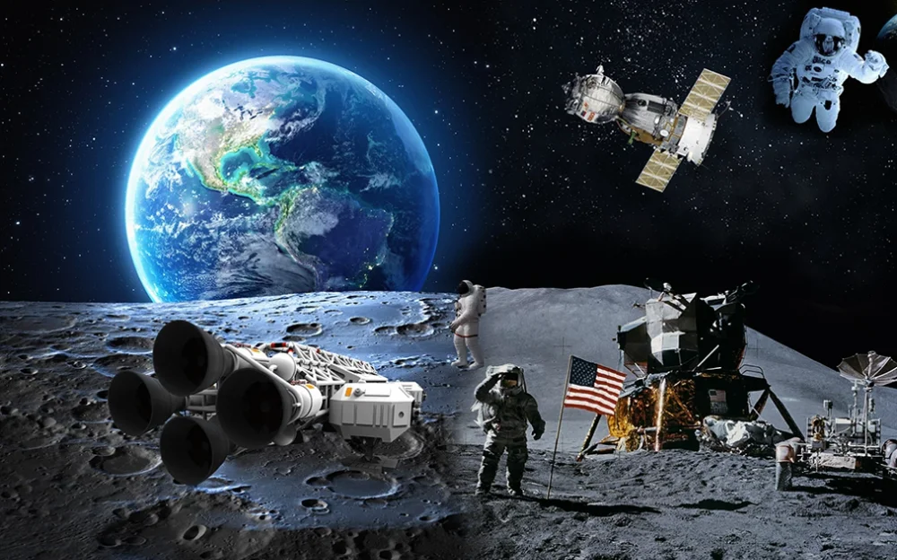 Custom 3D วอลล์เปเปอร์ภาพจิตรกรรมฝาผนัง3D Moon Landing นักบินอวกาศจักรวาล Earth ยานอวกาศพื้นหลังเด็กพื้นหลัง