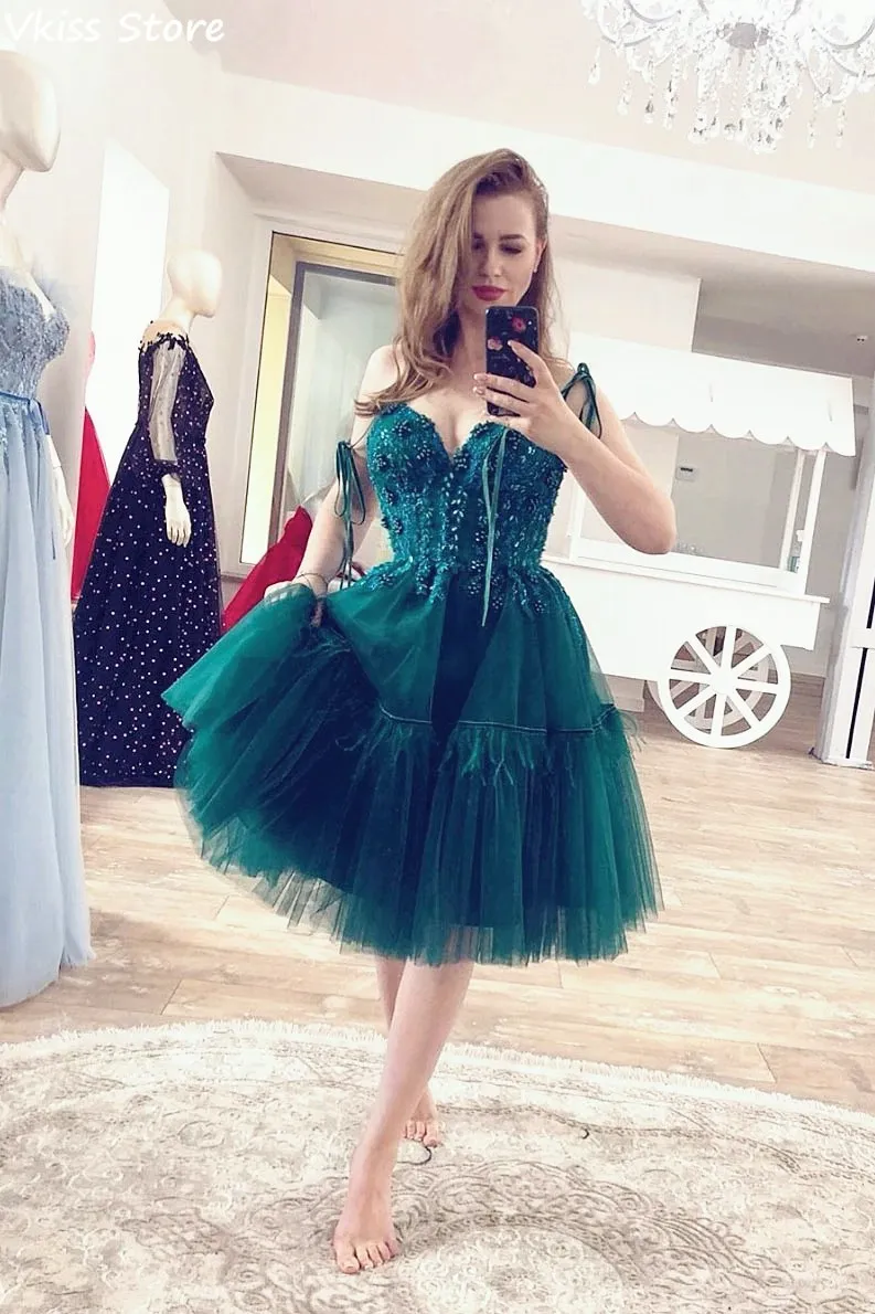 Dark Green Cocktail Party Dresses 2020 New Knee Length Spaghetti Strap Beading Illusion Top Prom Dress коктейльные платья