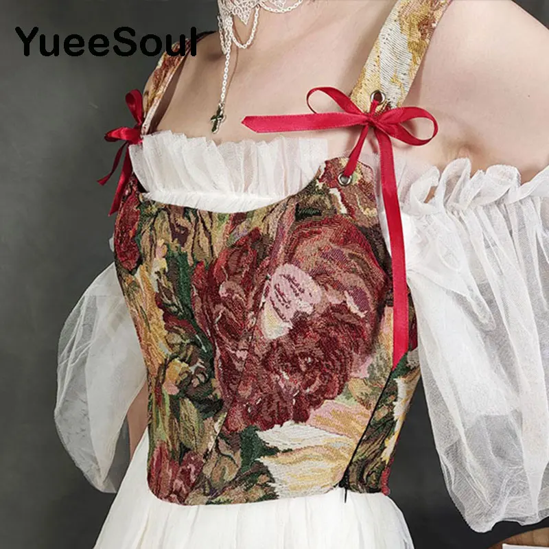 Floral Print Corset Bustier Red Bow Zipper Sleeveless Women Tops 2022 New Vintage Sweet Cute Y2K Aesthetic Fairycore Tank Top