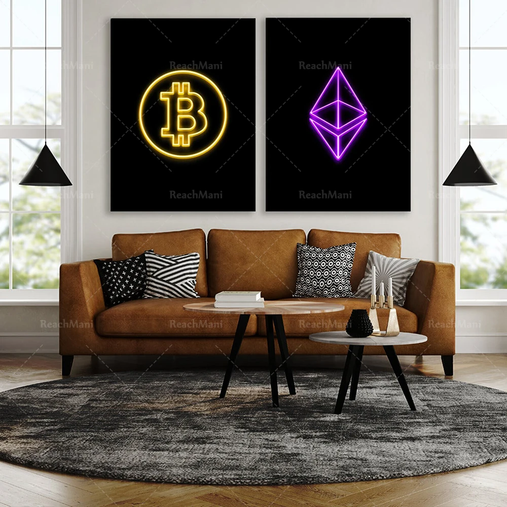 Bitcoin and Ethereum, cryptocurrencies, cryptocurrency exchanges, market office wall art, trendy posters, home décor.