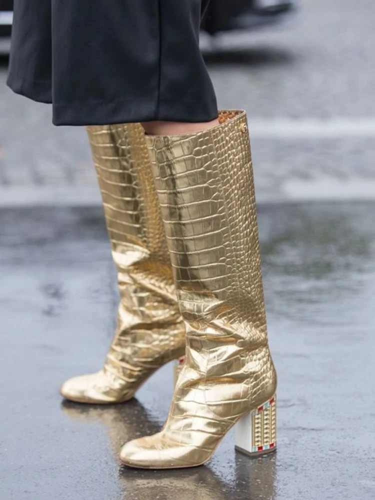 

Gold Leather Crystal Block Heel Boots Knee High Almond Toe Street Style Fashion Dress Outfit Boots Winter Spring Shoes Ladies