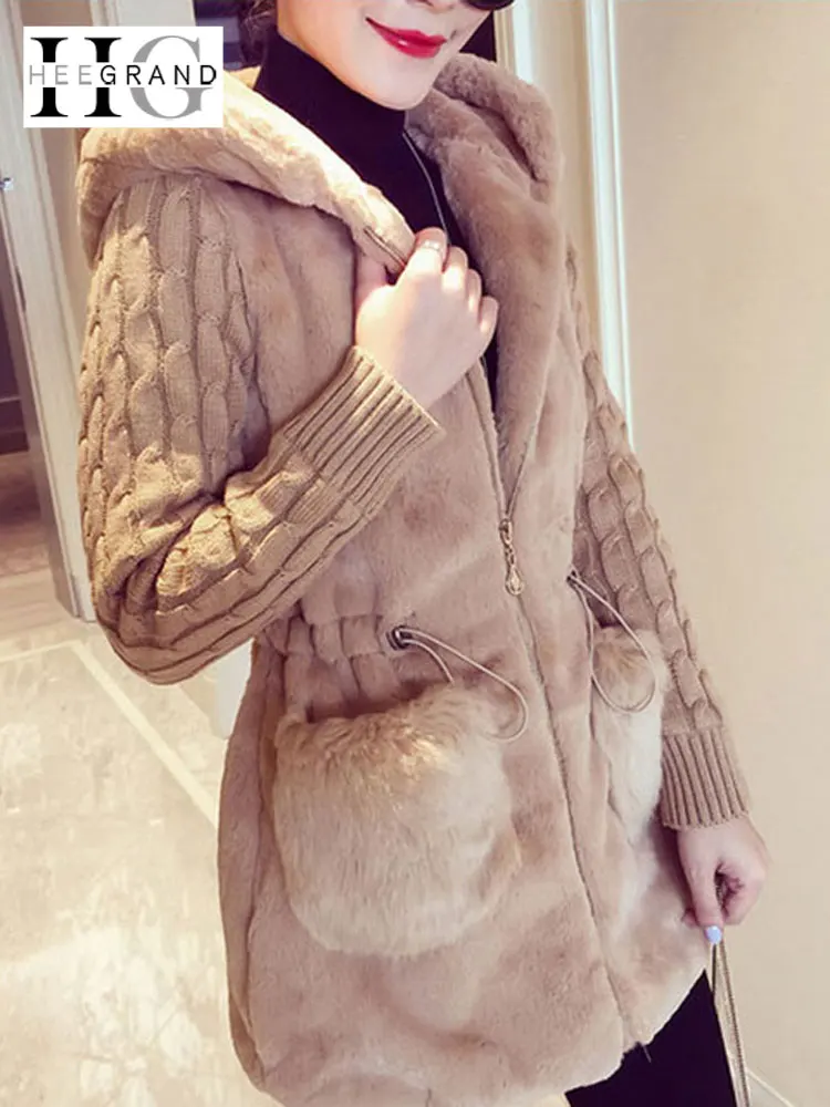 Fashion Faux Fur Coats Women 2022 Winter Plus Size S-4XL Hooded Classic Outwear Patchwork Thick Warm Luxury Knitted jacket