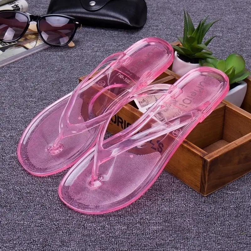 Female Flip Flops Women\'s Flat Transparent Beach Slippers Women Sandals Non-slip Summer Crystal Korean Bathroom Plastic Shoes 41