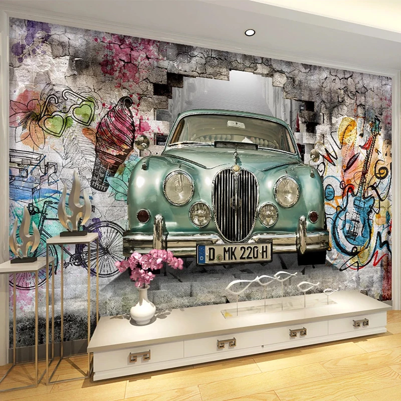 

3D Self-Adhesive Waterproof Wallpaper Retro Old Car Hand-painted Graffiti Wall Sticker Restaurant Cafe Bar Removable Home Décor