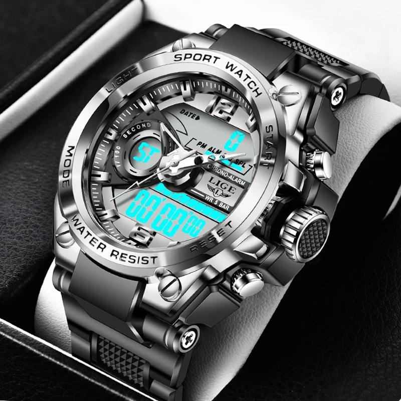 LIGE Casual Sports Men Quartz Digital Man Watch Fashion Creative Watches for Men Waterproof Alarm Dual Display Electronic Clocks