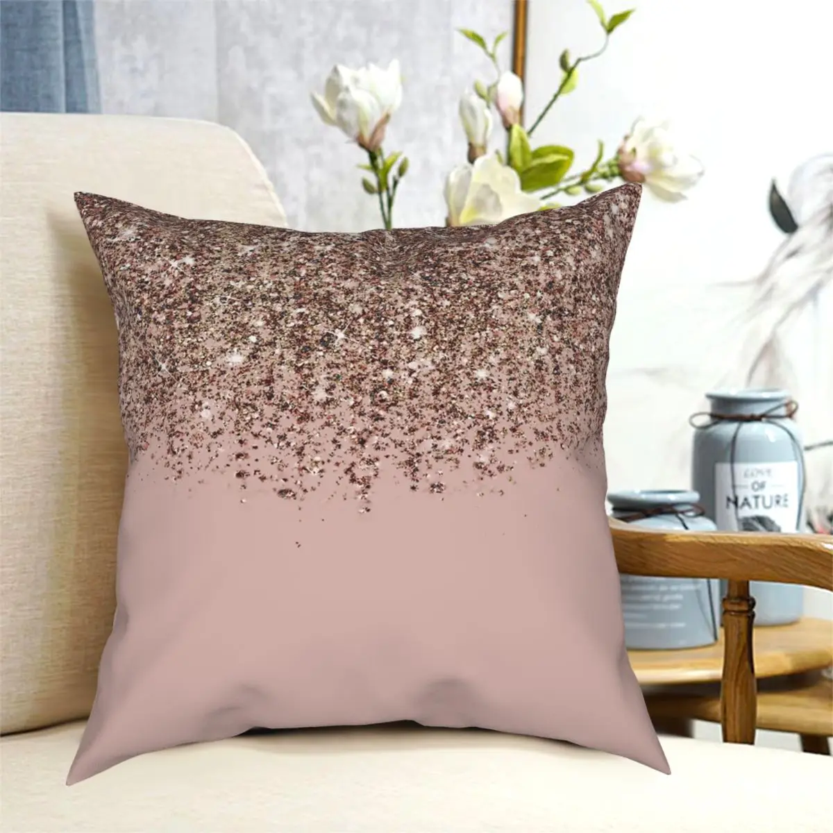 Blush Pink Rose Gold Bronze Cascading Glitter Square Pillowcase Polyester Pattern Zipper Pillow Case Sofa Seater Cushion Cover