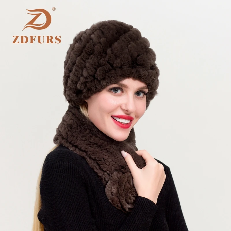 ZDFURS * Mùa Đông Nữ Thật Rex Thỏ Mũ Lông Thú Khăn 2 Bộ ĐAN Handmade Chính Hãng Lông Thỏ Mũ Lưỡi Trai Thương Hiệu thời Trang Xinh Xắn Khăn