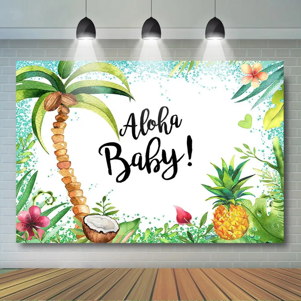 

Mocsicka Summer Tropical Fruit Backdrop Aloha Baby! Baby Shower Party Decor Tropical Coconut Tree Pineapple Photo Background