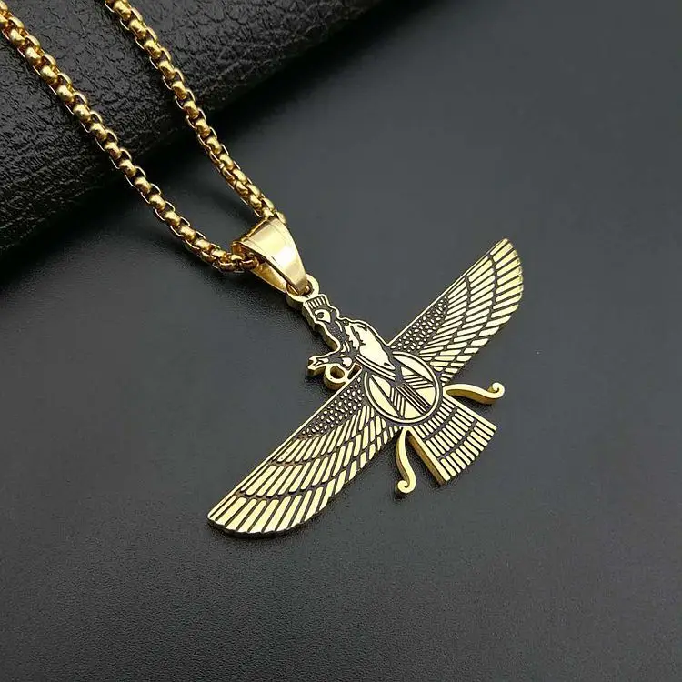 Gold Color Hip Hop Faravahar Ahura Mazda Pendant Necklaces Male Vintage Zoroastrianism Necklace Jewelry 316L Stainless Steel Men