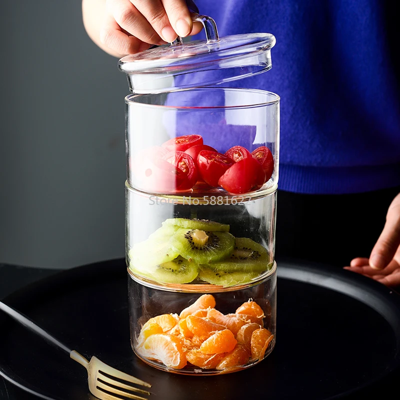 Creative 3 Layer Stackable European Style Creative Heat-Resistant Glass Salad Bowl with Lid Fruit Transparent Container Storage