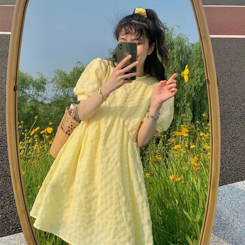 

French Bubble Sleeve Sukienka Cotagecore Kawaii Light Yellow Dress Women's 2021 Summer New First Love Sweet Gentle Wind Skirt