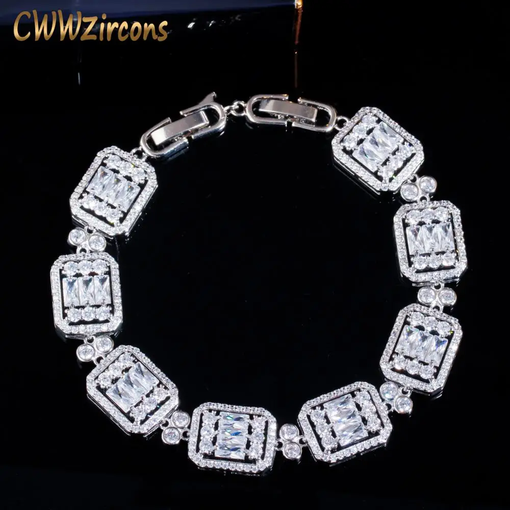 

CWWZircons Gorgeous Luxury White Baguette Cubic Zirconia Square Tennis Bracelets for Women Engagement Wedding Prom Jewelry CB244