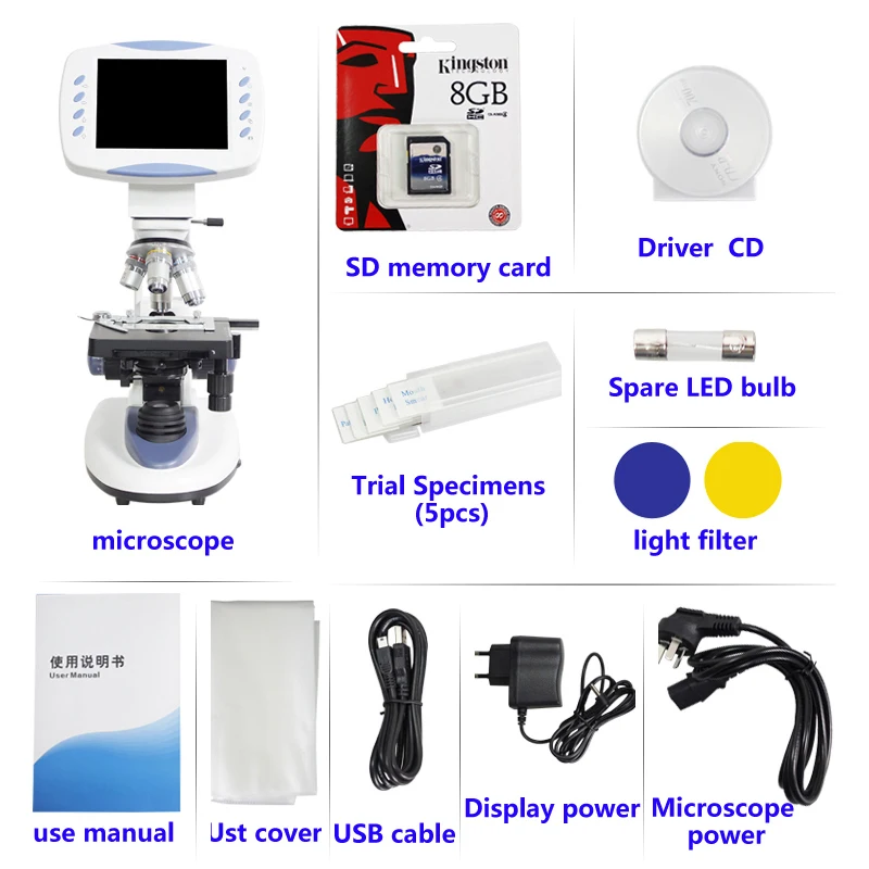 5MP Zoom 200X-5000X Professional electronic digital HD Biological Lab Microscope 6.5-inch LCD camera Memory card USB interface