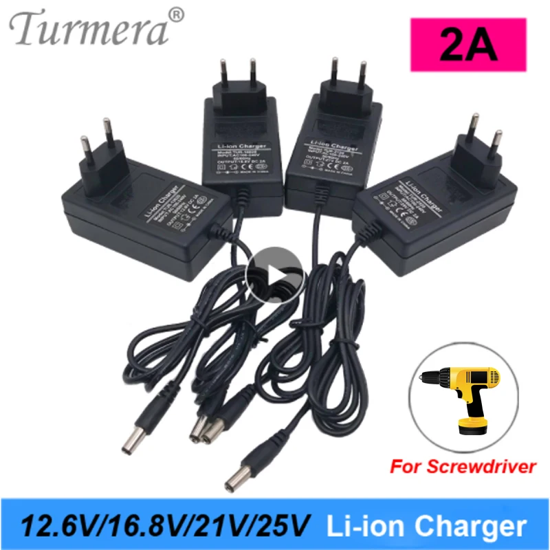 

Turmera 12.6V 16.8V 21V 25V 2A 18650 Lithium Battery Charger DC5.5*2.1MM for 3S 4S 5S 6S 12V to 25V Screwdriver Battery Pack Use