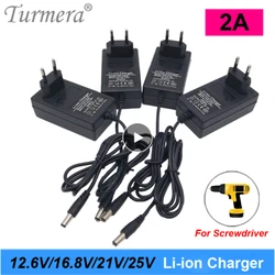 Turmera 12.6V 16.8V 21V 25V 2A 18650 ładowarka akumulatorów litowych DC5.5 * 2.1MM dla 3S 4S 5S 6S 12V do 25V śrubokręt akumulator wykorzystanie