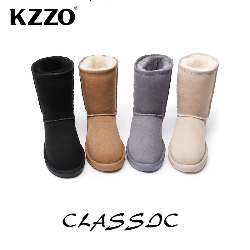 KZZO Australian Classic Mid-calf Men Snow Boots 100% Genuine Leather Natural Wool Lined Casual Winter Warm Non-slip Shoes 38-47