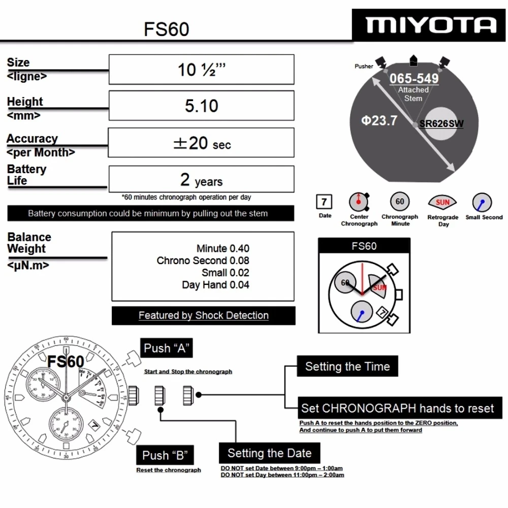 ミヨタfs60ooa3アイズ。クロノグラフ傾斜クォーツ時計ムーブメント