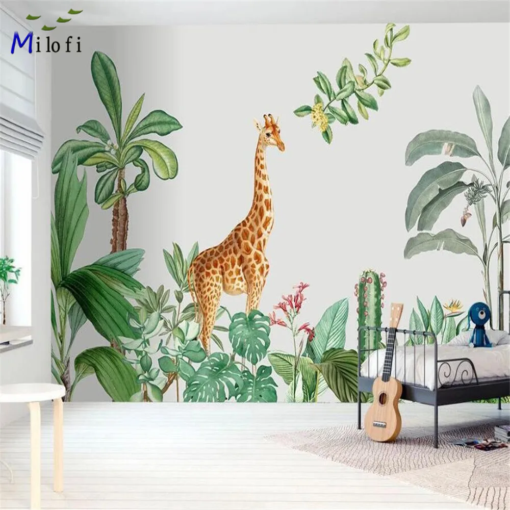 

Mlofi custom 3D wallpaper mural non-woven wallpaper hand-painted small fresh giraffe tropical plant animal background wall