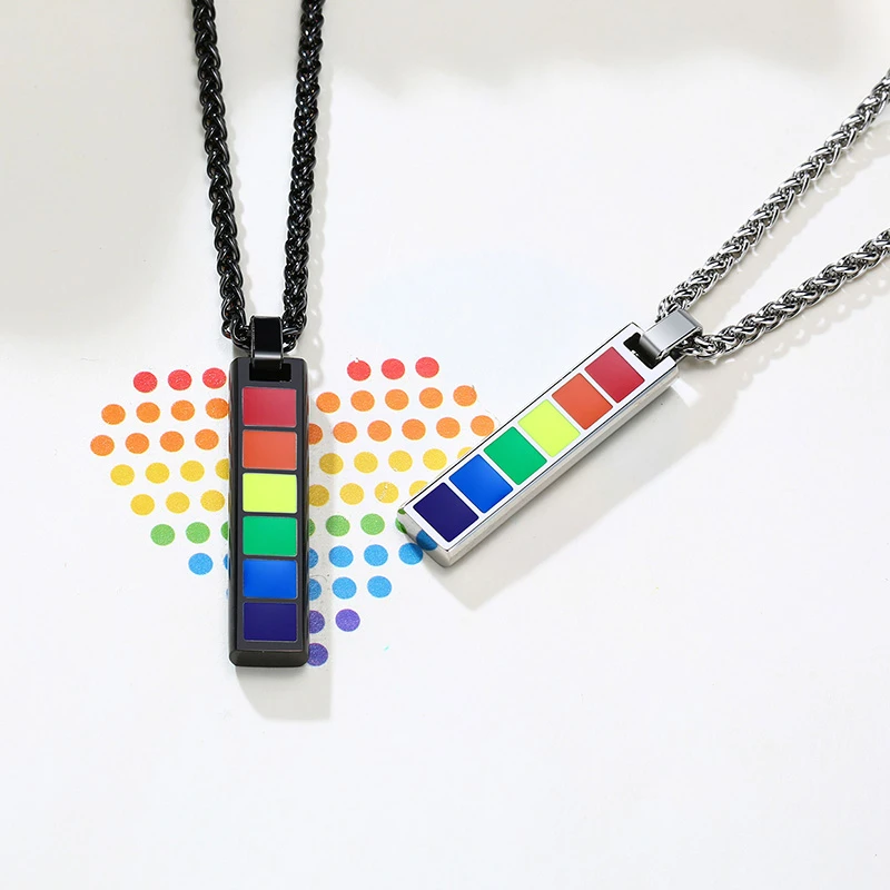 Vnox Stylish Rainbow Vertical Bar Pendant Necklaces for Men Women LGBT Lesbian Male Unisex Jewelry 24