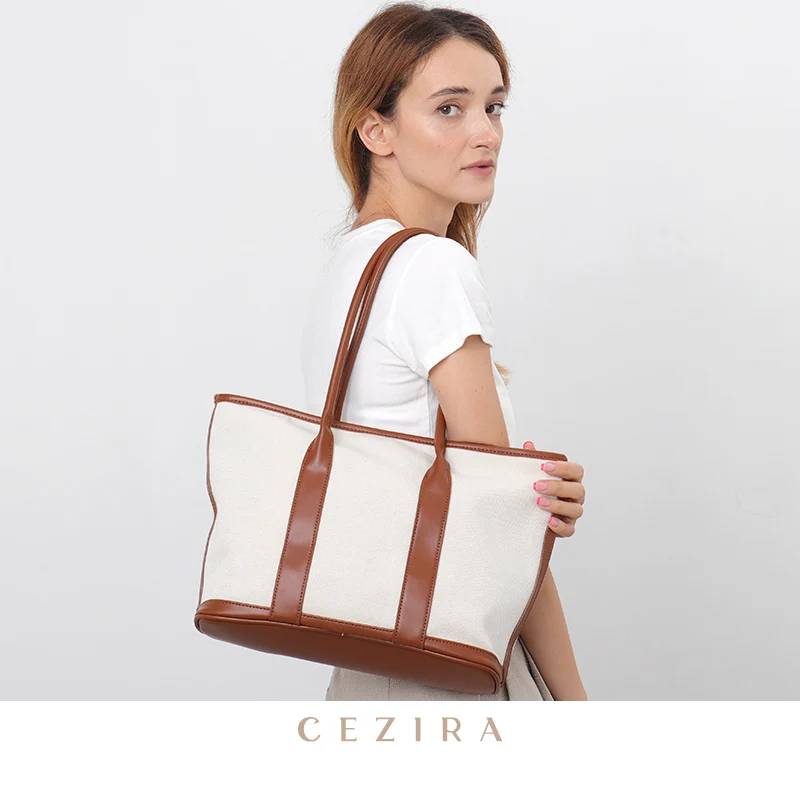 CEZIRA Casual Holiday Canvas Leather Shoulder Bags For Women Large Capacity Big Bucket Shopping Tote Overnight Handbags Ladies