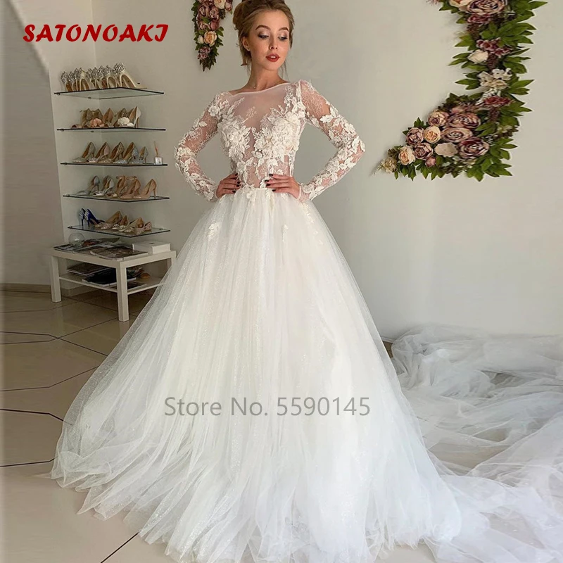 Vestido De Novia De encaje De manga larga, elegante, apliques transparentes con botones en la espalda, Vestidos De Novia De corte en tren, Vestidos De Novia indefinidos en línea