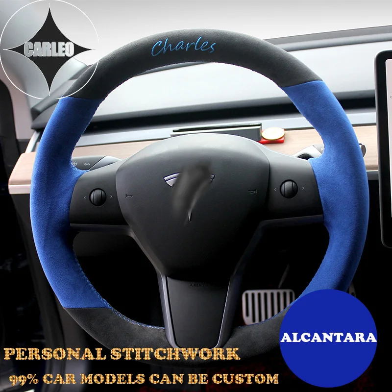 Alcantara Car Steering Wheel Cover for Tesla Model 3/Y Mode S/X 2008-2021 Hand Sewing Personal Stitchwork on Wrap