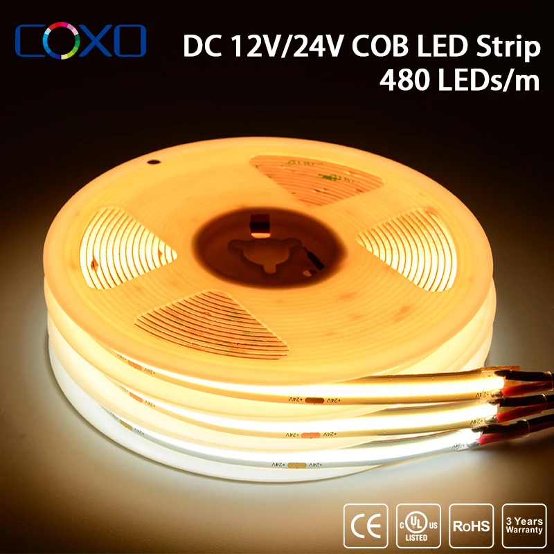 480 LEDs/m UL Listed COB LED Strip Light 5m/lot RA90 Flexible Tape Ribbon High Density 3000K-6500K Led Lights DC12V/24V