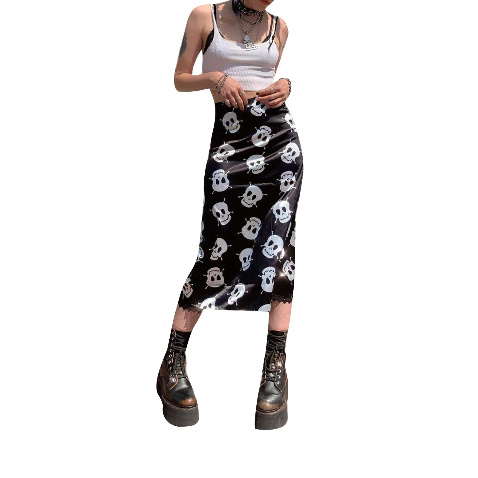 Women Trendy Personality Straight Skirt with Skull / Leopard Print High Waist Version Straight Design Summer Clothing 2021