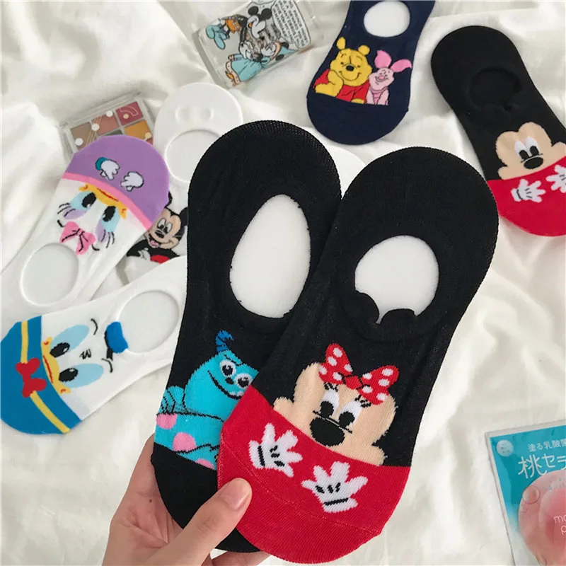 Chaussettes Disney en coton doux pour femmes, chaussettes invisibles, chaussettes amusantes, dessin animé animal, souris, canard, décontracté, mignon, été, taille 34-40, 5 paires