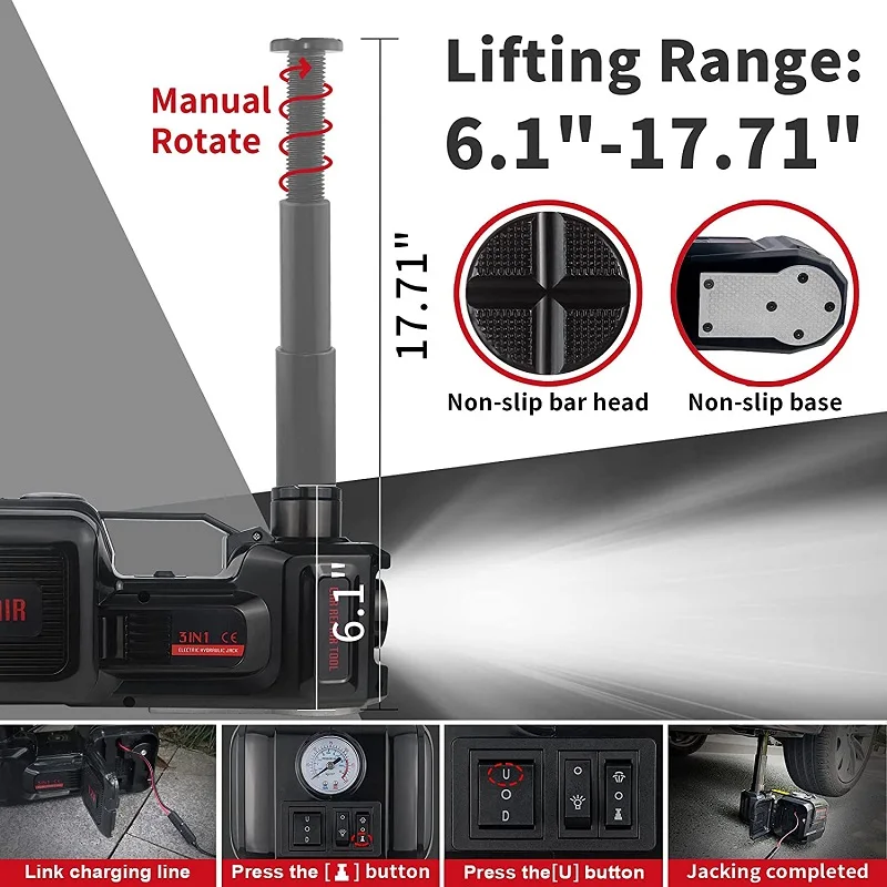 12V 3 in 1 Electric Car Jack Kit 5Ton Electric Hydraulic Jack With Impact Wrench Compressor LED Light Portable Lift Tool For Car