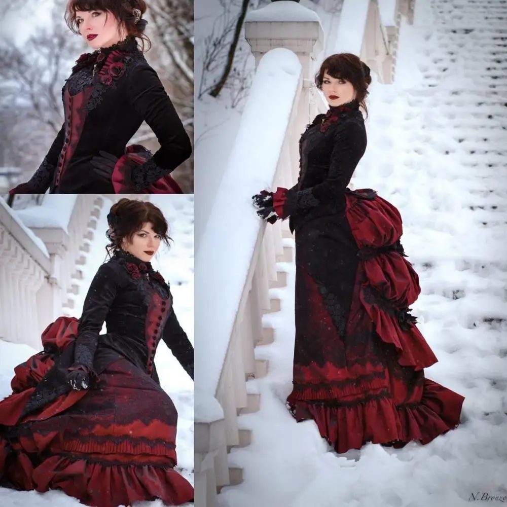 Vestido de boda gótico Vintage negro y Burdeos, traje Victoriano de manga larga para caminar, falda de busto y chaqueta de terciopelo, vestidos de novia