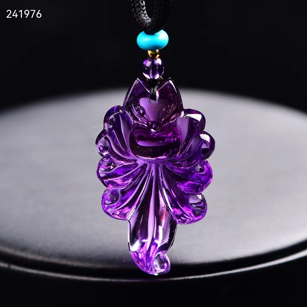 Natural Purple Amethyst Quartz 9 Tails Fox Pendant 38.8*23*12mm Women Amethyst Fox Necklace Jewelry AAAAA