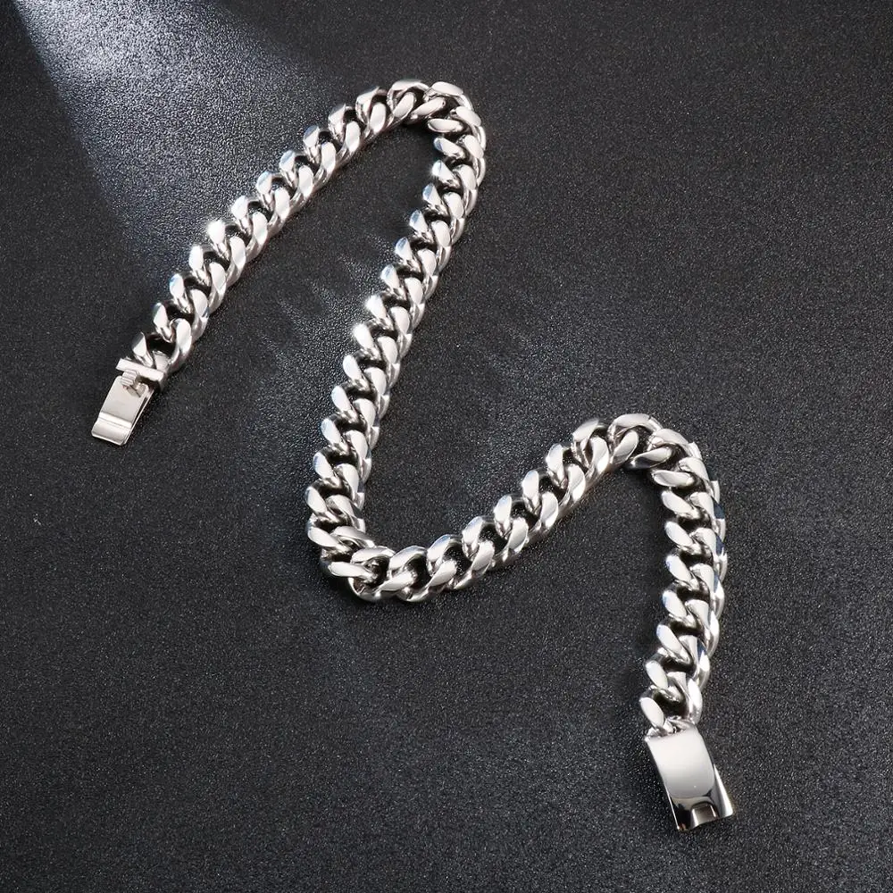 Fongten 13/15mm Cuban Chain Necklace For Men Stainless Steel Choker Curb Chain Necklace Men Silver Color Handmade Jewelry