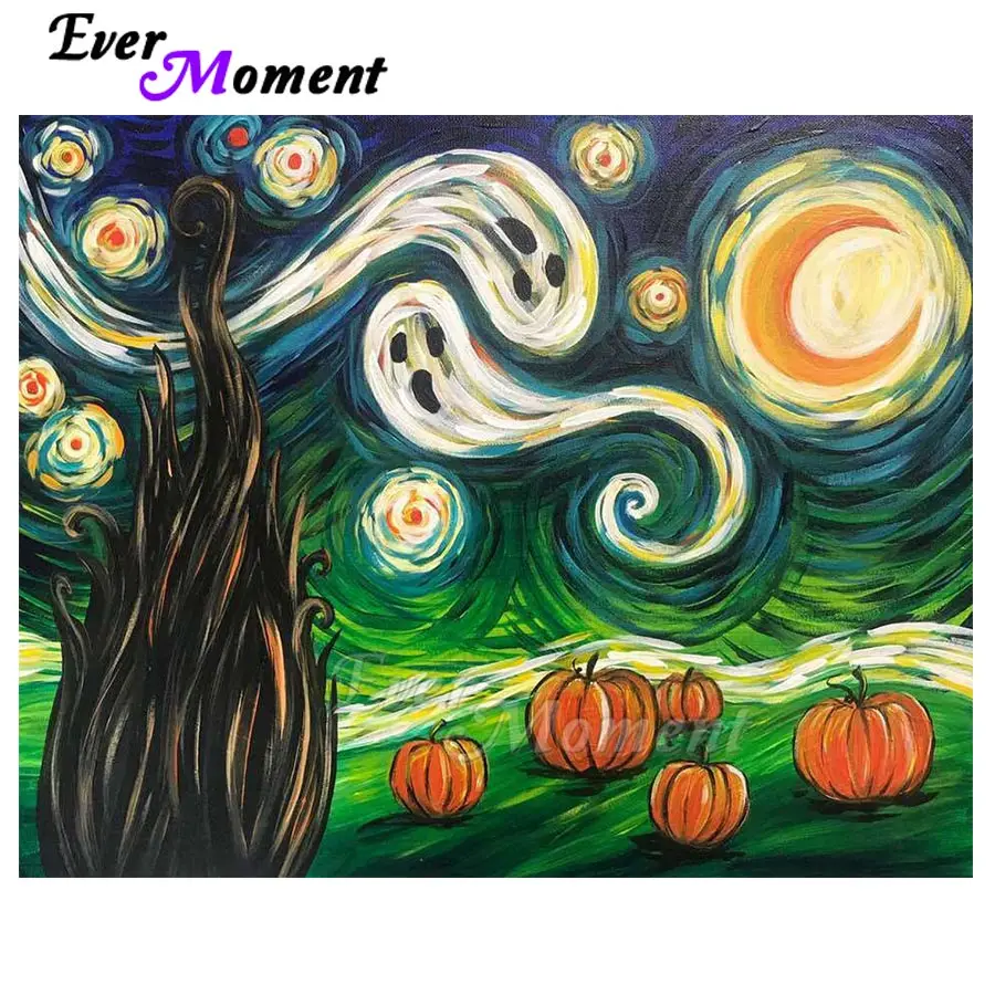 Ever Moment Diamond Painting Halloween Ghost Pumpkin Sky Full Sqaure Resin Drill Embroidery Mosaic Diamond Display ASF2226